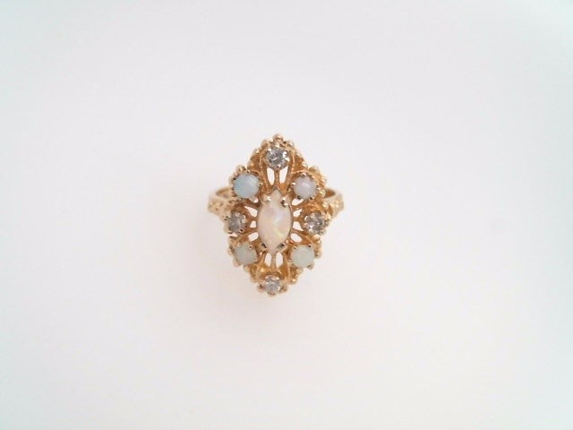 Vintage 14 Karat Yellow Gold Opal & Diamond Marquise Shaped Cluster Ring