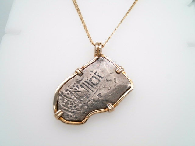 Silver 1715 Fleet Phillip V 4 Reales Coin Set In Prong Set In 14 Karat Yellow Gold Bezel Pendantt