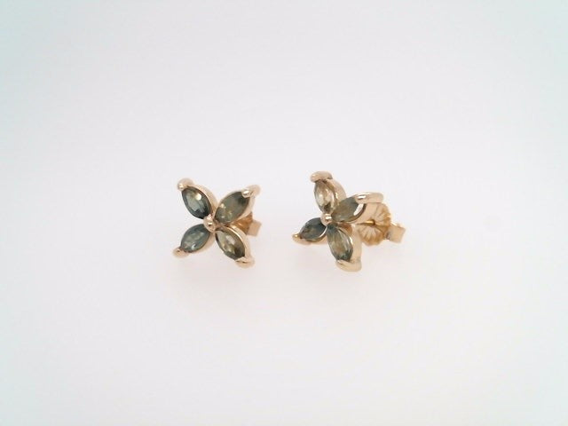14 Karat Yellow Gold Marquise Green Sapphire Cluster "X" Stud Earrings