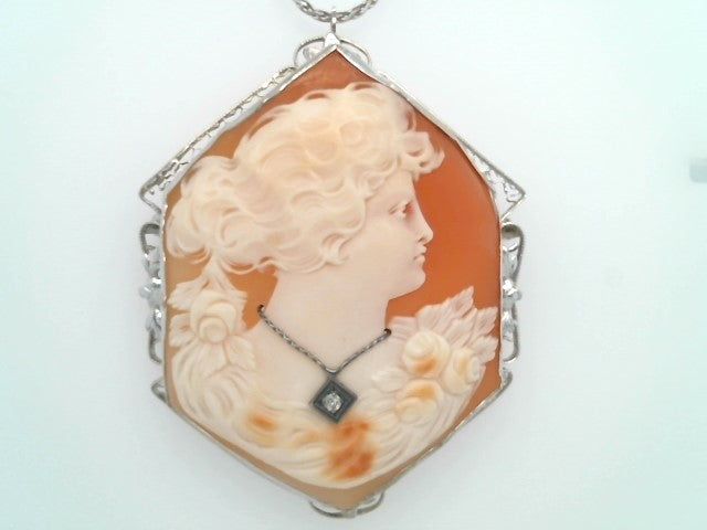 Antique 14 Karat White Gold Carved Seashell Cameo Pin/Pendant With Diamond Necklace