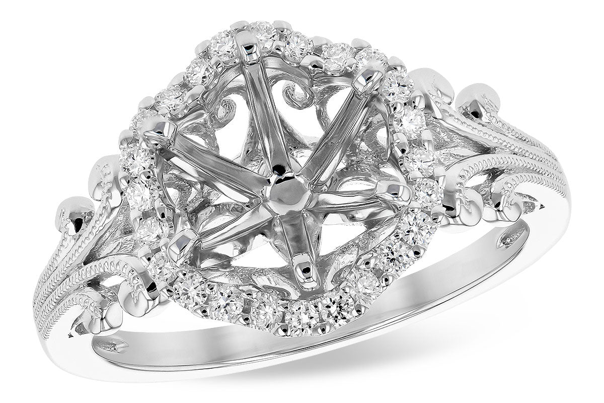 14 Karat White Gold Diamond Halo Style Engagement Ring Mounting With Milgrain Detail For A 2.00 Carat Center