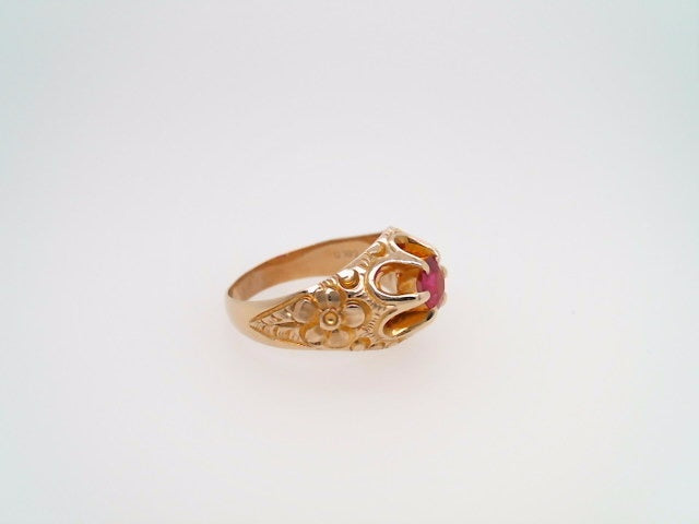 Vintage 10 Karat Yellow Gold 6 Prong Buttercup Style Imitation Ruby Ring With Flowers Engraved On Shoulders