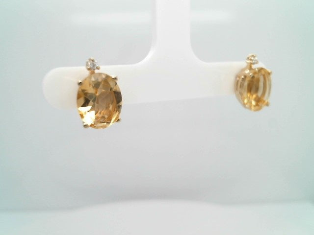 14 Karat Yellow Gold Citrine Stud Earrings With Diamond Accents