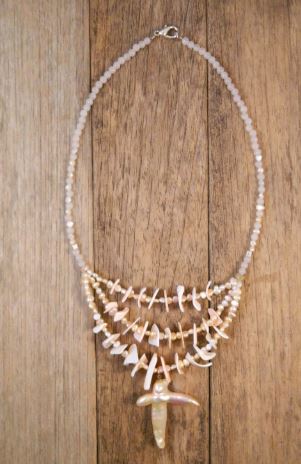 Sterling Silver Shell, Rose Quartz, & Freshwater Pearl 3-Strand Necklace 17"