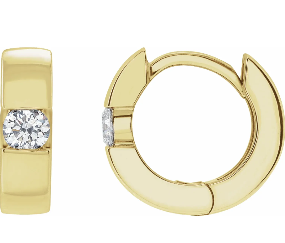 14 Karat Yellow Gold Huggie Style Diamond Hoop Earrings