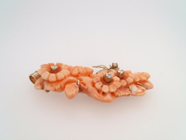 Vintage Handmade 14 Karat Yellow Gold Carved Multi Floral Coral Pendant With Diamond Accents