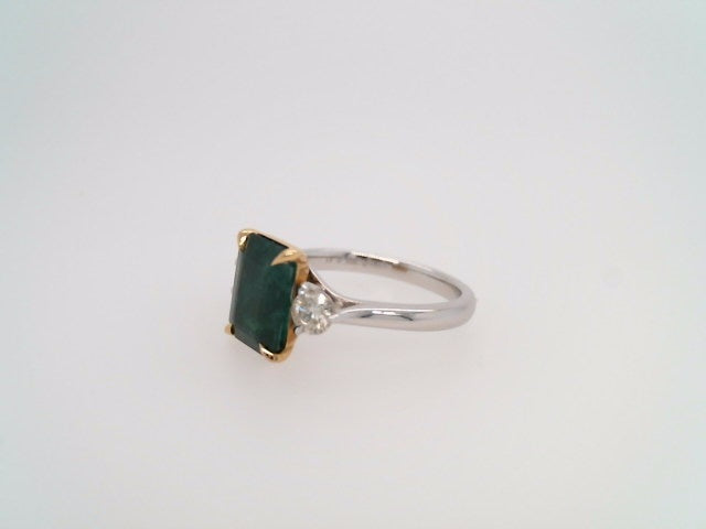 Platinum & 18 Karat Yellow Gold Emerald & Diamond 3 Stone Ring