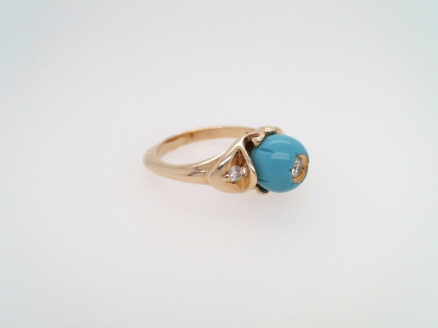 Vintage 14 Karat Yellow Gold 8 Mm Carved Turquoise & Diamond Ring