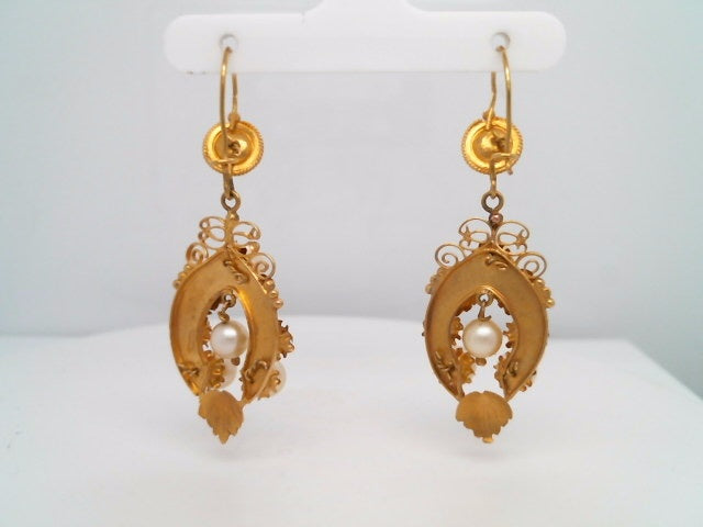 Vintage 14 Karat Yellow Gold Pearl Earrings With Flowers, Leaves & Scroliing Filgree Design