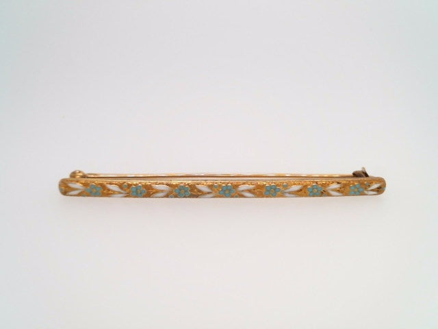 Vintage 14 Karat Yellow Gold Floral Design Bar Pin With Turquoise Blue And White Enamel Measuring 60 X 3.5mm
