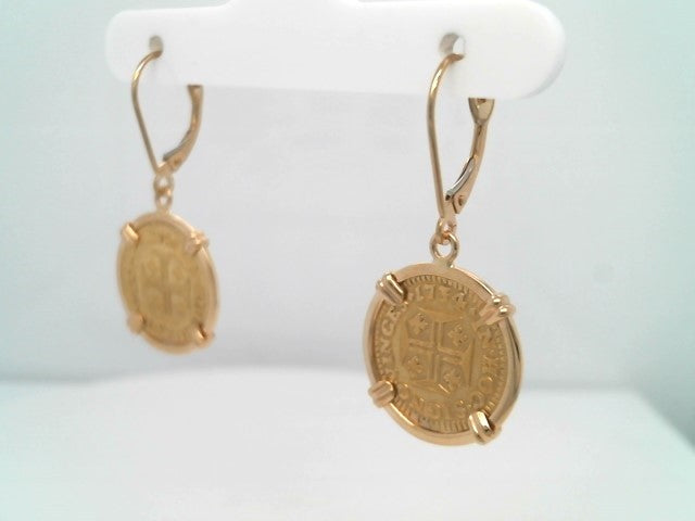Portuguese Gold 400 Reis Coin Dangle Earrings Prong Set In 14 Karat Yellow Gold Bezel