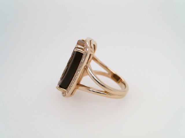 14 Karat Yellow Gold Carved Tiger's Eye Intaglio Ring With Diamond Halo