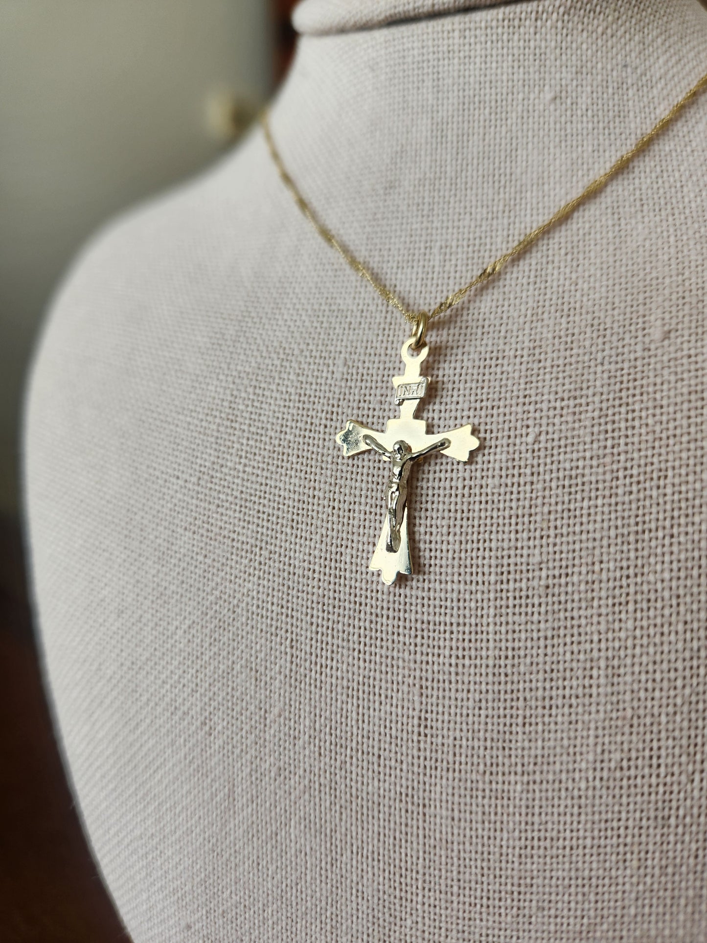 Vintage 14 Karat Yellow & White Gold Crucifix Necklace, 16"