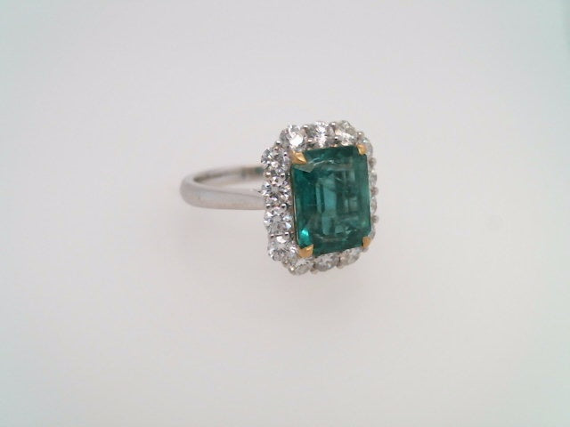 18 Karat White Gold Emerald Cut Emerald & Diamond Halo Style Ring