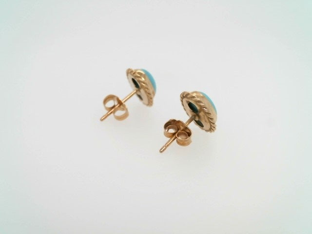 Vintage 14 Karat Yellow Gold Oval Turquoise Rope Edge Stud Earrings