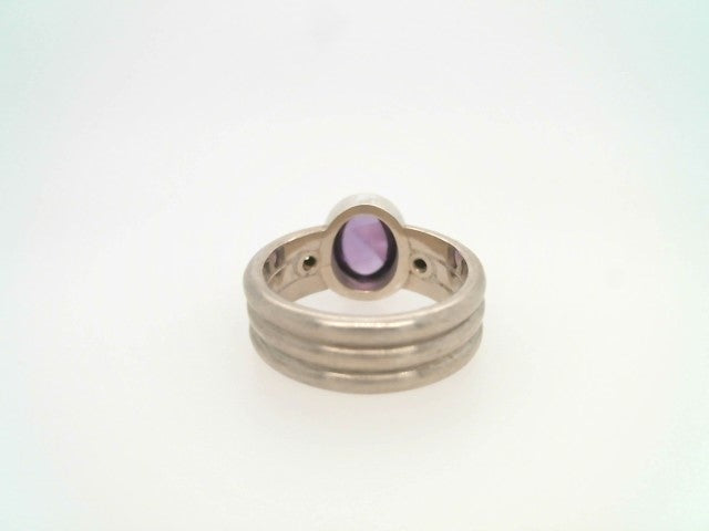 Sterling Silver "Orbit" Cabochon Amehtyst Ring With Diamond Accents