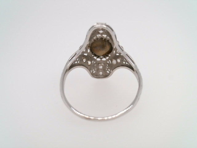 Vintage 18 Karat White Gold Cats Eye Chrysoberyl & Diamond Filigree Ring