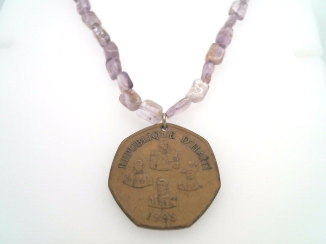 Handmade Sterling Silver Amethyst Bead Necklace With Haitian Coin Dated 1998, 18"