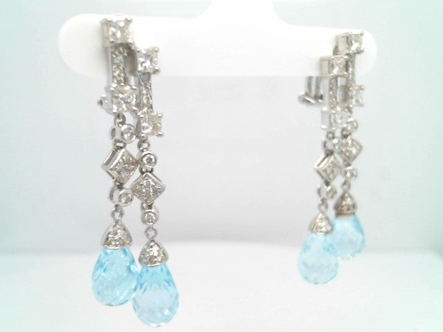 Vintage 14 Karat White Gold Blue Topaz Briolette & Diamond Earrings With Omega Backs