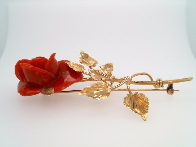 Vintage 18 Karat Yellow Gold Italian Glass Rose Pin 3" In Length.