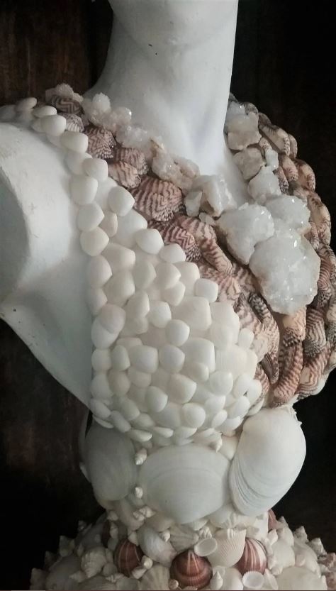 Shell Encrusted Bust Statue With Hand Picked Florida Sea Shells, Coral
