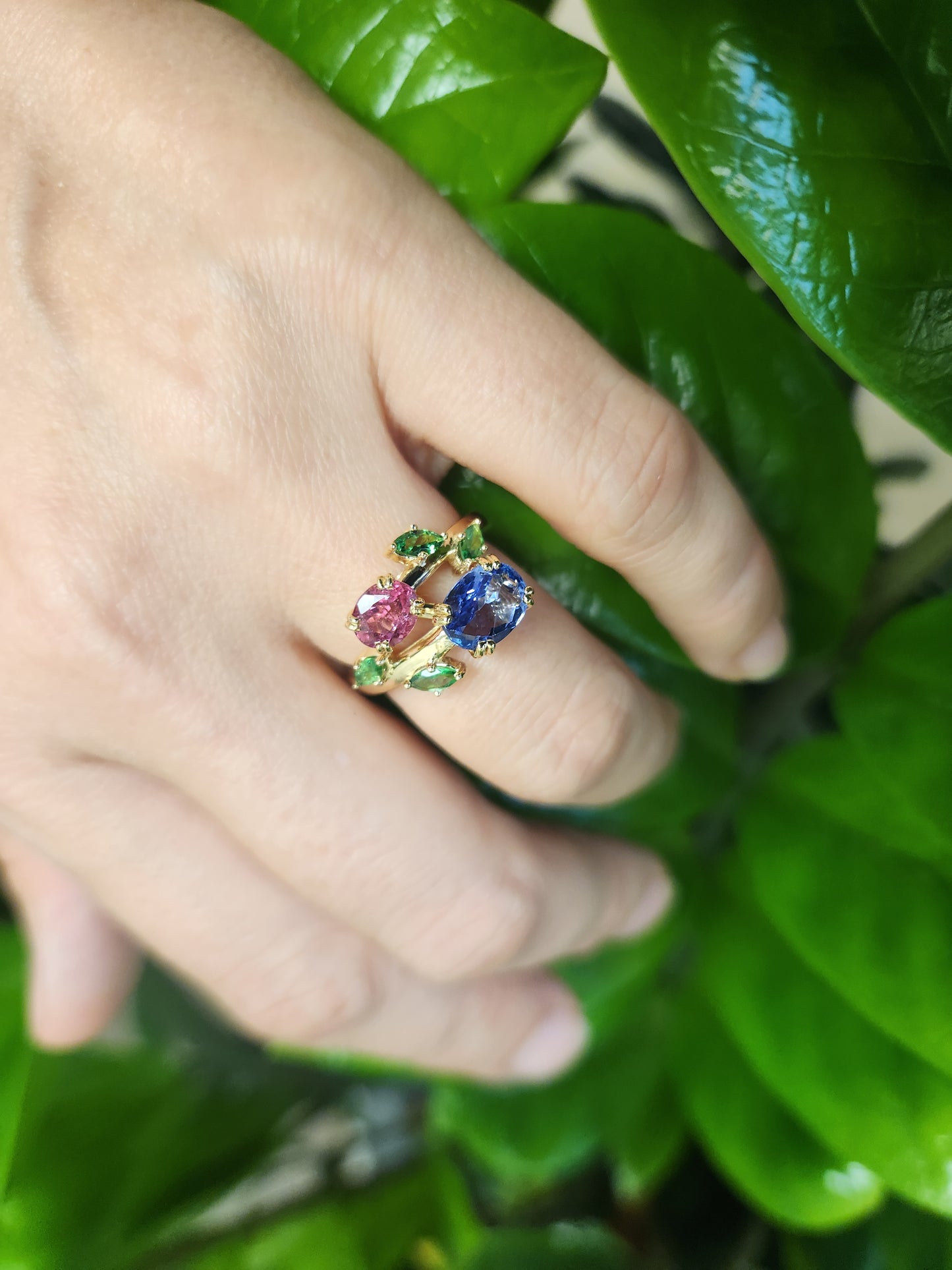 14 Karat Yellow Gold Pink Tourmaline, Tanzanite & Tsavorite Floral Bypass Style Ring