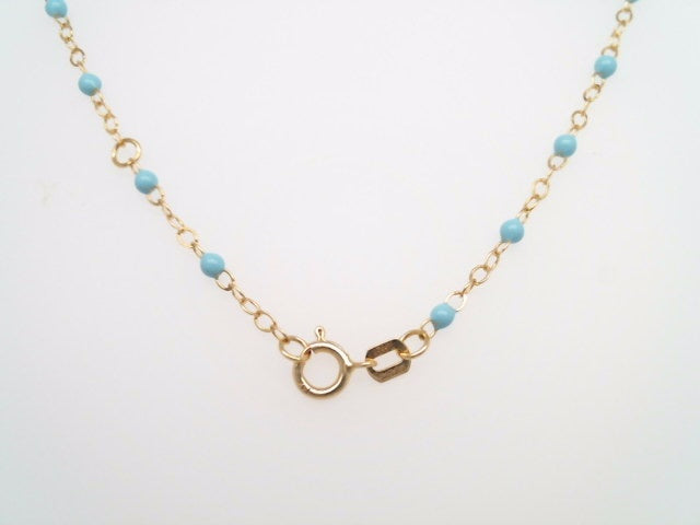 14 Karat Yellow Gold 19-20" 2mm Enamel Bead Necklace Turquoise Color