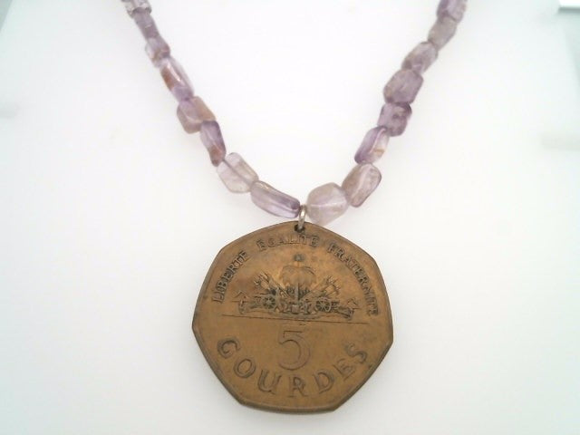 Handmade Sterling Silver Amethyst Bead Necklace With Haitian Coin Dated 1998, 18"