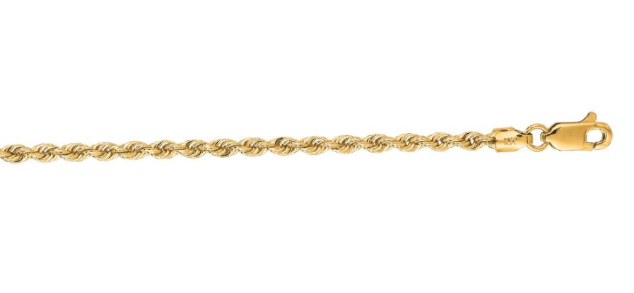 14 Karat Yellow Gold 2.5 Mm Rope Chain With Lobster Clasp 18"