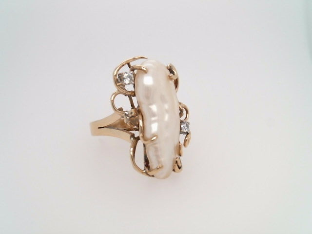 Vintage 14 Karat Yellow Gold Freeform Freshwater Pearl & Diamond Ring