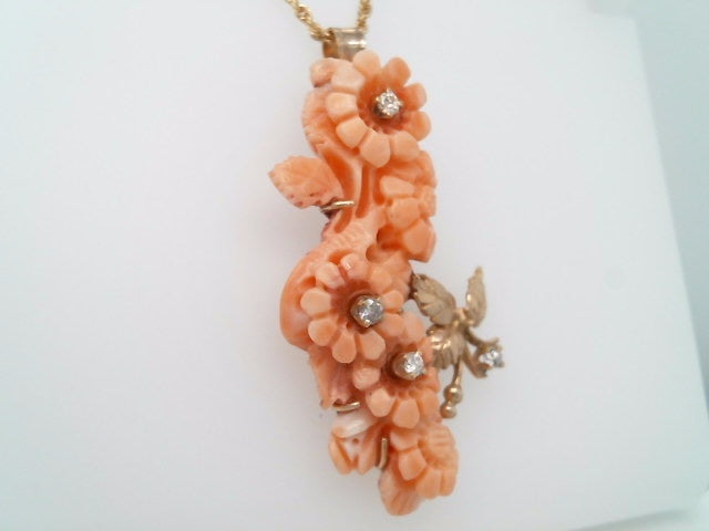 Vintage Handmade 14 Karat Yellow Gold Carved Multi Floral Coral Pendant With Diamond Accents