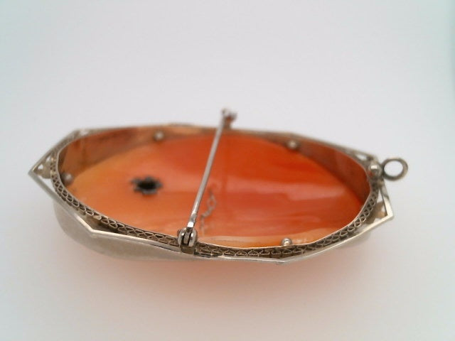 Vintage 14 Karat White Gold Filigree Cameo Pin/Pendant With Diamond Necklace Measuring 58mm X 45mm.