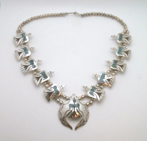 Vintage Handmade Sterling Silver Navajo Thunderbird Motif Squash Blossom Style Necklace Inlaid With Turquoise & Coral 22"