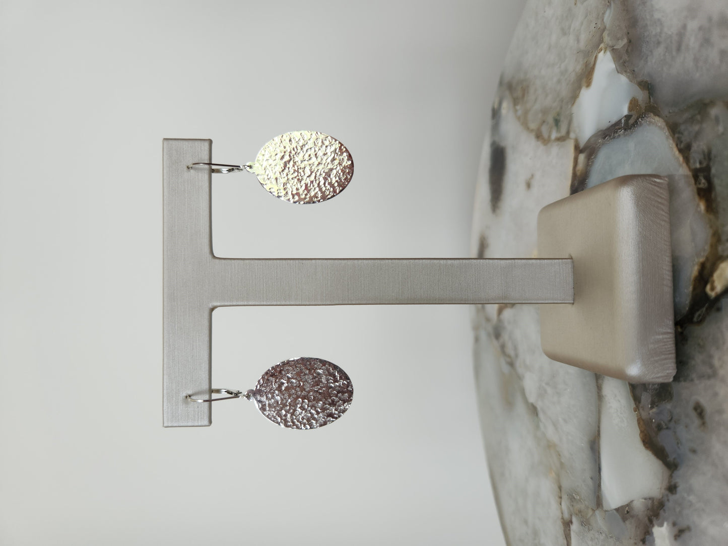 Sterling Silver Oval Dangle Earrings With Hammered Finish