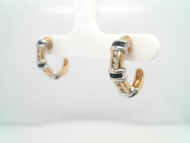 Vintage 14 Karat Yellow & White Gold Diamond & Blue Sapphire 1/2 Hoop Earrings