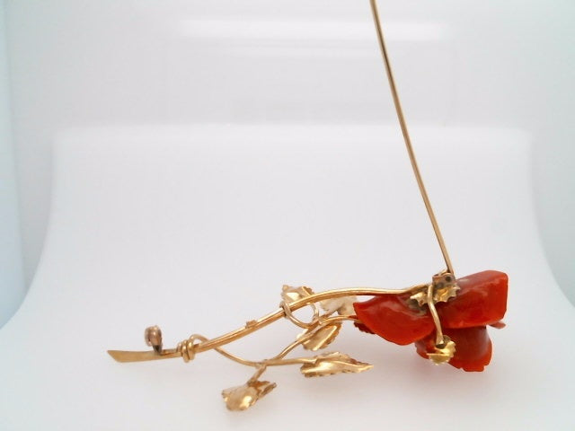 Vintage 18 Karat Yellow Gold Italian Glass Rose Pin 3" In Length.