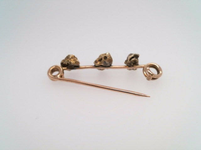 Antique Victorian 9 Karat Yellow Gold Safety Pin Brooch With 3 Natural Pure Gold Nuggets