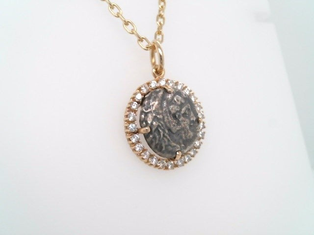14 Karat Yellow Gold & Silver Macedonian Drachm Coin Pendant With Diamond Bezel