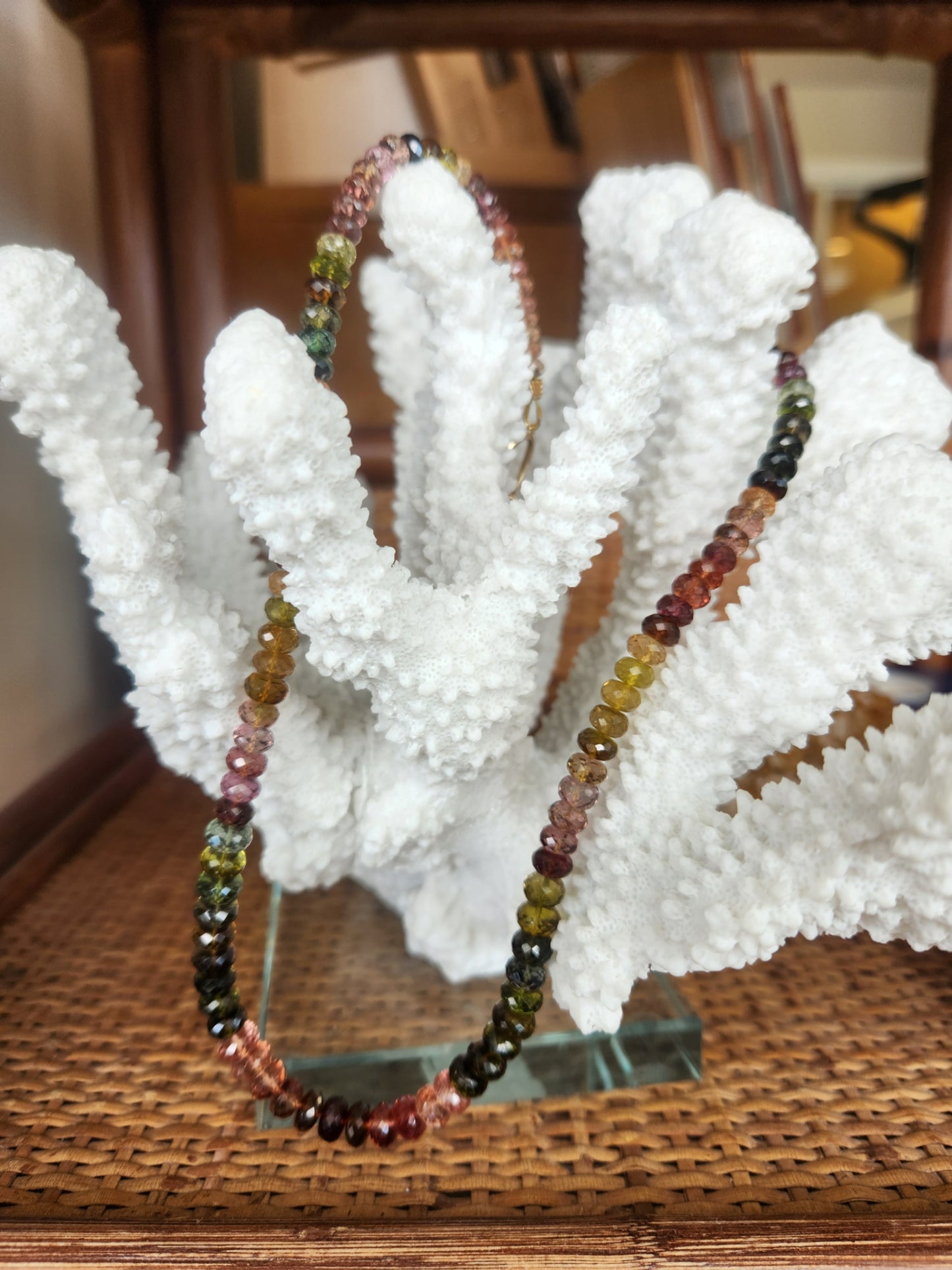 14 Karat Yellow Gold Multi Color Faceted Tourmaline Roundel Bead Necklace With Oval Lobster Clasp, 20"