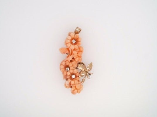 Vintage Handmade 14 Karat Yellow Gold Carved Multi Floral Coral Pendant With Diamond Accents