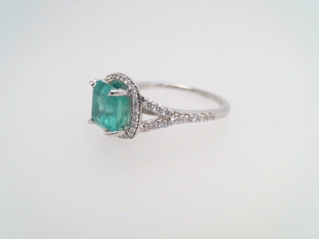 14 Karat White Gold Emerald & Diamond Halo Style Ring With Split Shank