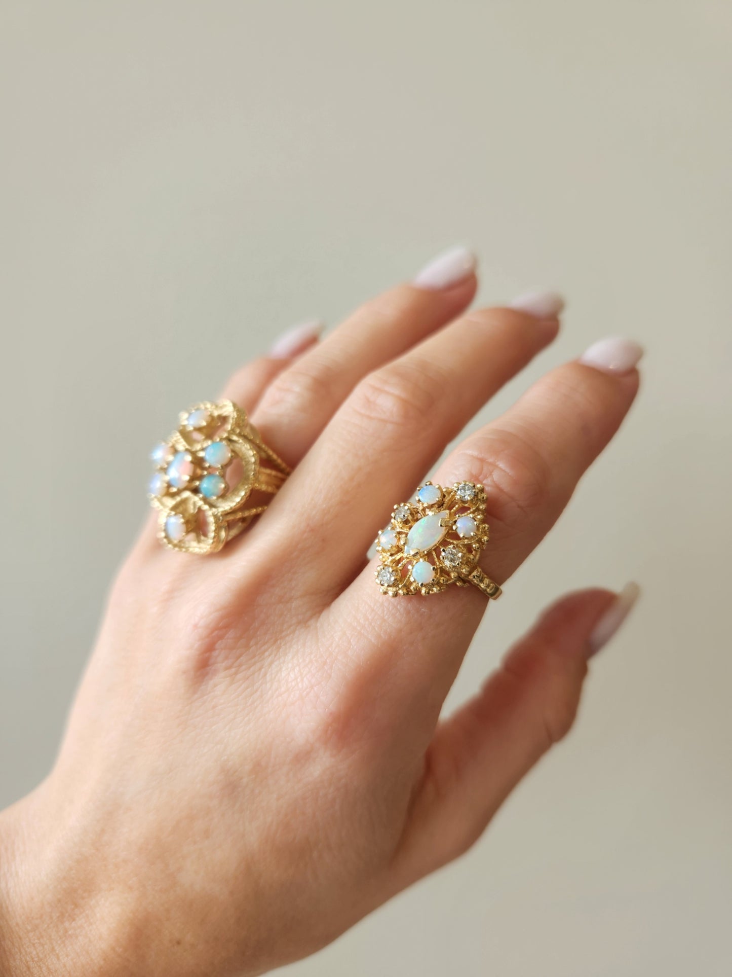 Vintage 14 Karat Yellow Gold Opal & Diamond Marquise Shaped Cluster Ring