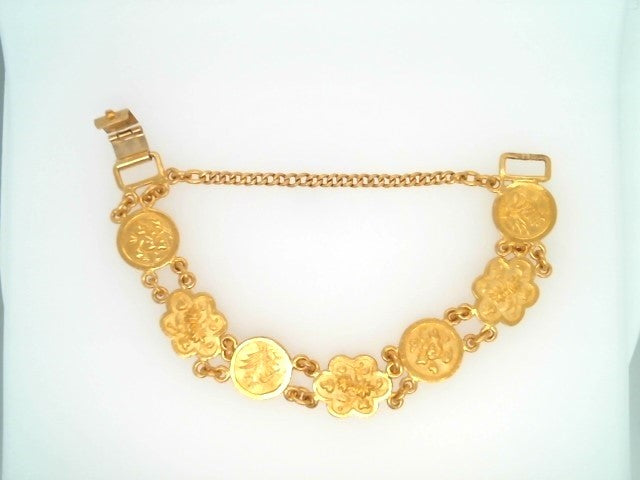 Vintage 24 Karat Yellow Gold Round And Scalloped Link Bracelet With Floral Motif, 7"