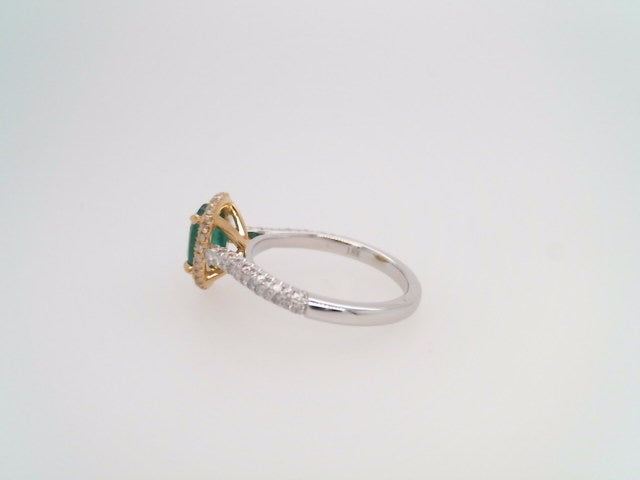 18 Karat White & Yellow Gold Oval Emerald With Diamond Accents Halo Style Ring