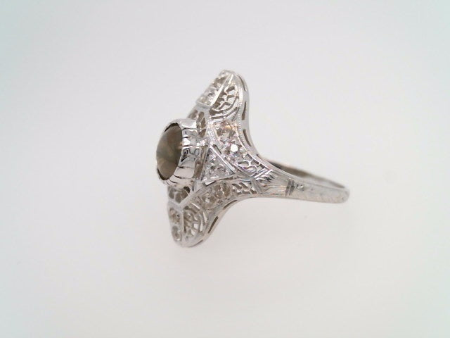 Vintage 18 Karat White Gold Cats Eye Chrysoberyl & Diamond Filigree Ring