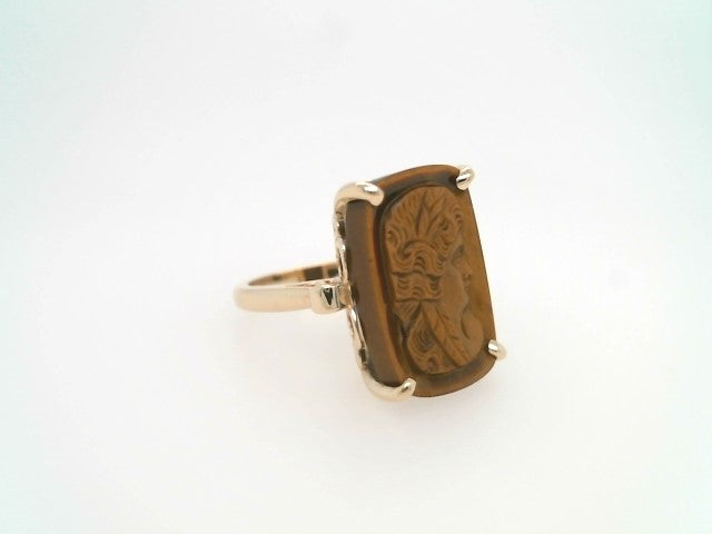 14 Karat Yellow Gold Cushion Shaped Carved Tiger's Eye Cameo Ring With Fleur De Lis Details