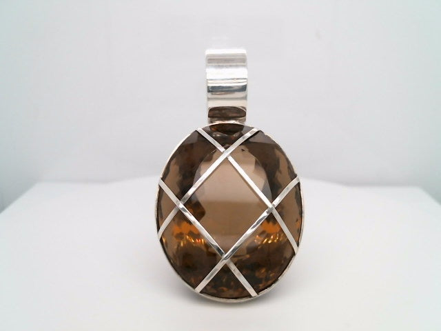Vintage Sterling Silver Oval Smokey Quartz Pendant With Lattice Design