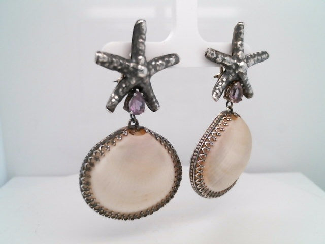 Sterling Silver Vero Beach White Clam Shell & Amethyst Starfish Motif Dangle Earrings With Oxidized Finish
