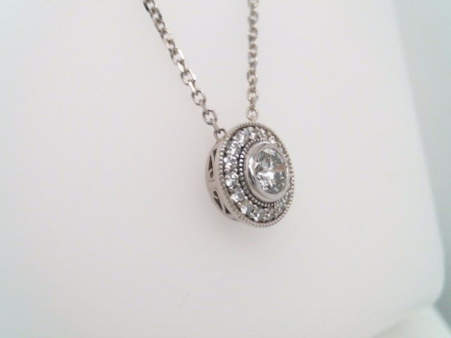 14 Karat White Gold Diamond Halo Pendant Necklace With Cable Chain 18-20"