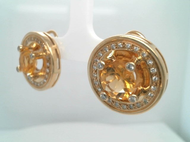 Vintage 14 Karat Yellow Gold Citrine & Diamond Halo Style Earrings With Omega Backs